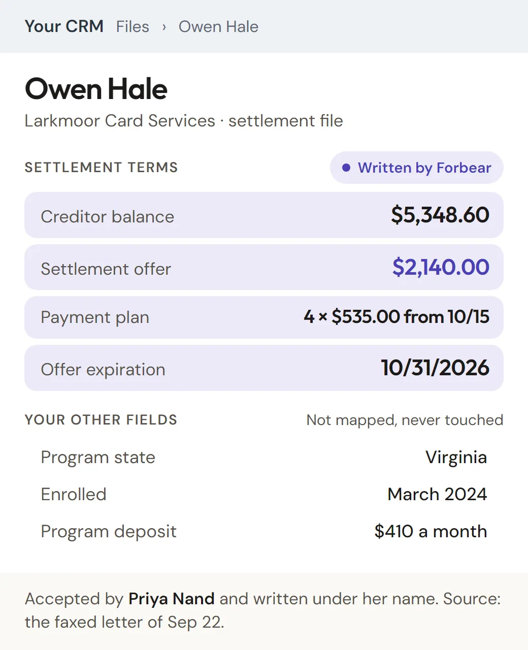 A settlement file in the firm's own CRM: four mapped fields written by Forbear under the reviewer's name, the firm's other fields untouched