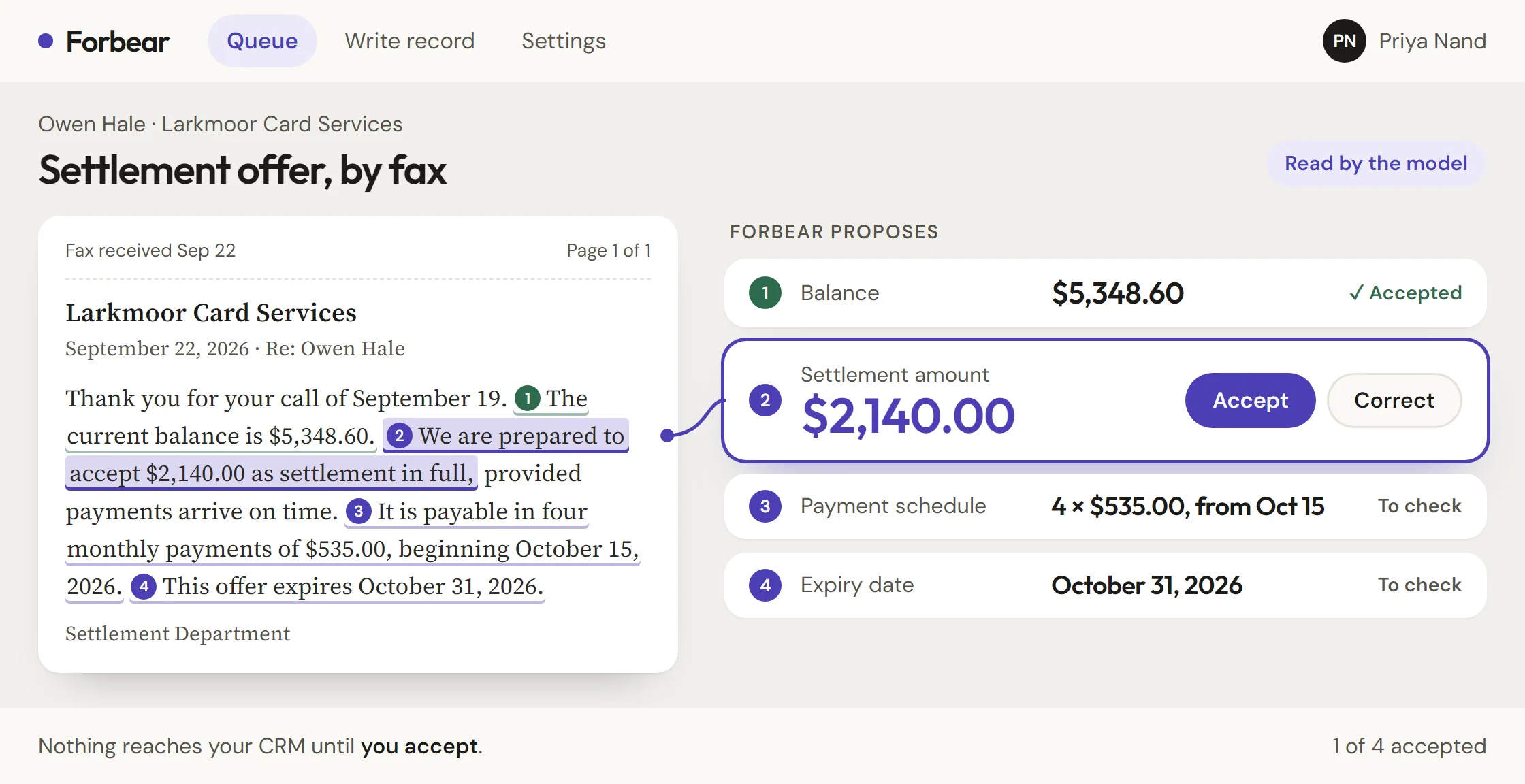 A faxed creditor letter beside the four terms Forbear proposes, each numbered to its sentence, with the $2,140.00 settlement amount waiting to be accepted